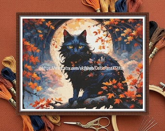 Harvest Moon - Autumn Fantasy Black Cat - PDF Digital Printable cross stitch embroidery pattern chart - DMC Key