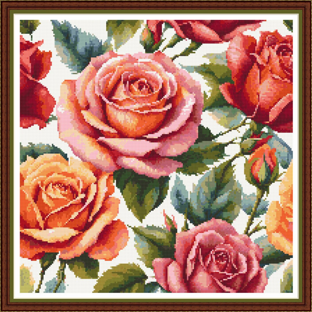 Summer Roses - PDF Digital Cross Stitch Pattern DMC Key 45 Colours 14 ...