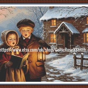 Victorian Carol Singers - PDF digital cross stitch pattern DMC Key 77 colours 18&quot; x 12&quot; 46x31cms on 14ct Print At Home Christmas Music