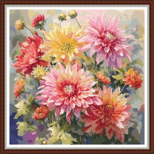 Mooie dahlia's - pdf digitaal kruissteekpatroon DMC-sleutel 80 kleuren 14 1/2" x 14 1/2" op 14 kt, alleen hele kruis Patroonhouder/bloemen afdrukken