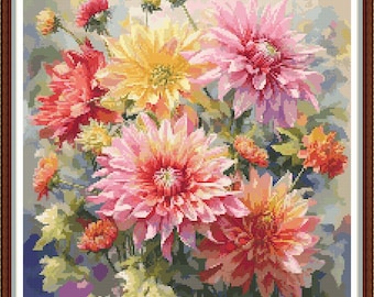 Pretty Dahlias - PDF digital cross stitch pattern DMC Key 80 colours 14 1/2"x14 1/2" on 14ct Whole cross only Pattern Keeper or print