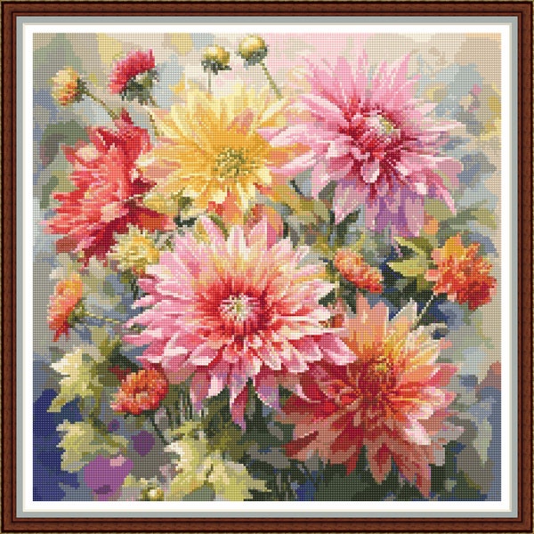 Pretty Dahlias - PDF digital cross stitch pattern DMC Key 80 colours 14 1/2"x14 1/2" on 14ct Whole cross only Pattern Keeper or print