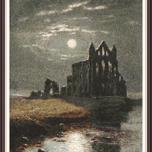 Whitby Abbey, England Dracula PDF digital cross stitch pattern 12 1/4&quot; x 17 3/4&quot; on 14ct DMC key Pattern Keeper OR print at home