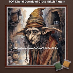 May include: A PDF digital download cross stitch pattern featuring a goblin with large ears, a pointed hat, and long dark hair, set against a rustic village background. The image includes the text https://www.etsy.com/uk/shop/CelticRoseXStitch.