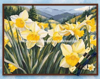Daffodil Mountain Cross Stitch Pattern: Scenic Landscape Narcissus Flower Chart (PDF Download)