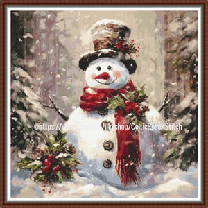 Woodland Snowman - PDF Christmas Whimsical digital cross stitch embroidery pattern DMC key
