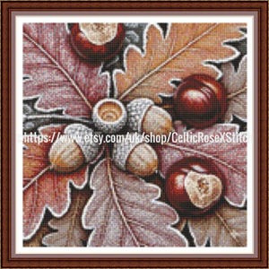 Frosty Herbst Blätter - PDF digitales Kreuzstichmuster DMC Key 40 Farben 10 &quot;x10&quot; 26cm auf 14ct Print At Home Herbst Blumen Ganzes Kreuz nur