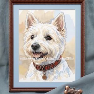 Korsstygnsbroderimönster med hundporträtt av West Highland Terrier – Westie Tartan-halsband (PDF-nedladdning)