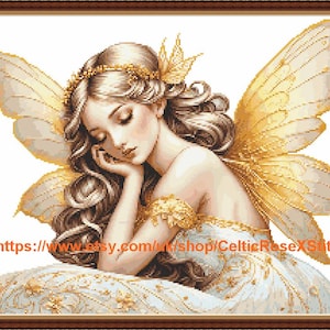 Goldspinner Fairy - PDF digital cross stitch pattern DMC Key 60 colours 18 1/4&quot;x14&quot; on 14ct Pattern Keeper or print  Whole cross Fantasy
