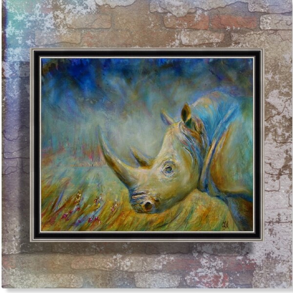 Original Oil rhinoceros painting on canvas for waiting living room, gift room decor