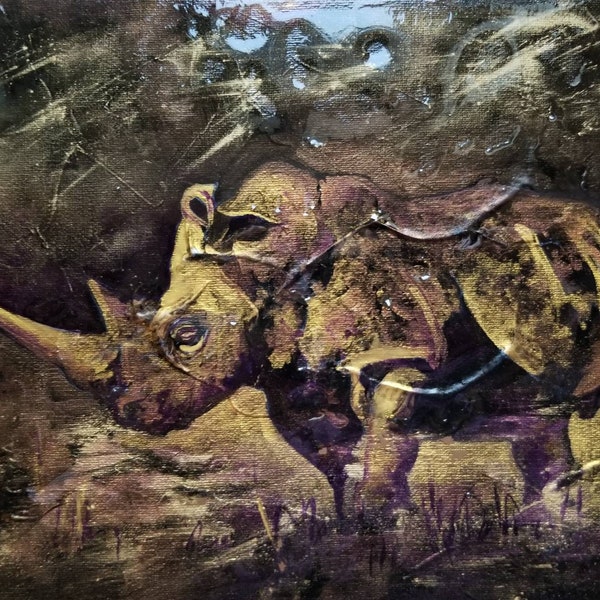 Rhinocéros, Black and Gold Rhino mixed media painting on canvas, office Safari wall art, African animal  decor by Tatiana Le Metayer