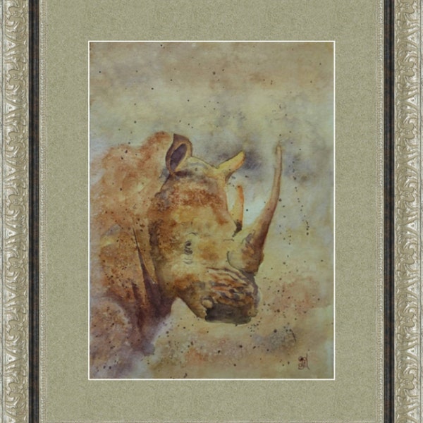 Rhinoceros animal painting, Original watercolor art on paper 300 g/m2