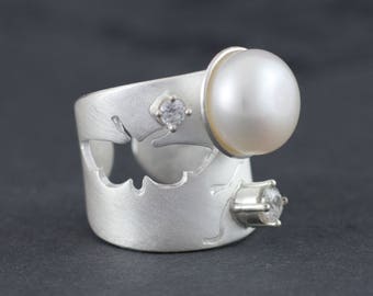 Brede ring zilver "parel" fancy ringen zilveren sieraden uitzonderlijke sieraden statement ring grootte 51-65
