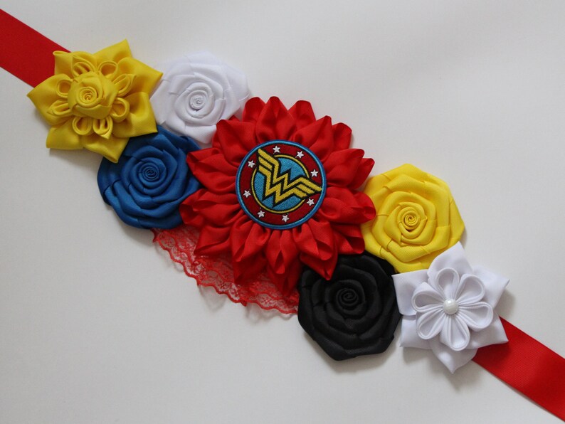 Wonder Woman Baby Shower Sash Superhero Maternity Belt Blue Red Yellow Flower Sash Superhero Belt Baby Shower WonderWoman Flower Belt