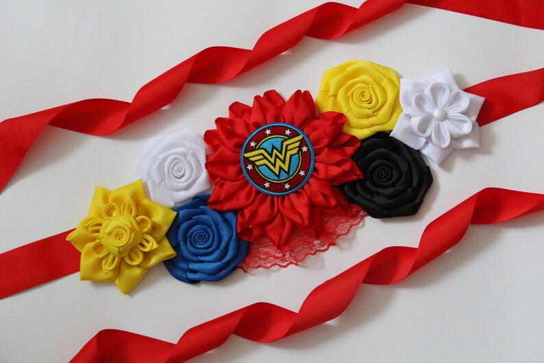 Wonder Woman Baby Shower Sash Superhero Maternity Belt Blue Red Yellow Flower Sash Superhero Belt Baby Shower WonderWoman Flower Belt
