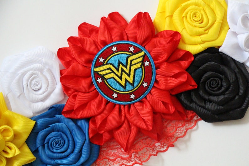 Wonder Woman Baby Shower Sash Superhero Maternity Belt Blue Red Yellow Flower Sash Superhero Belt Baby Shower WonderWoman Flower Belt