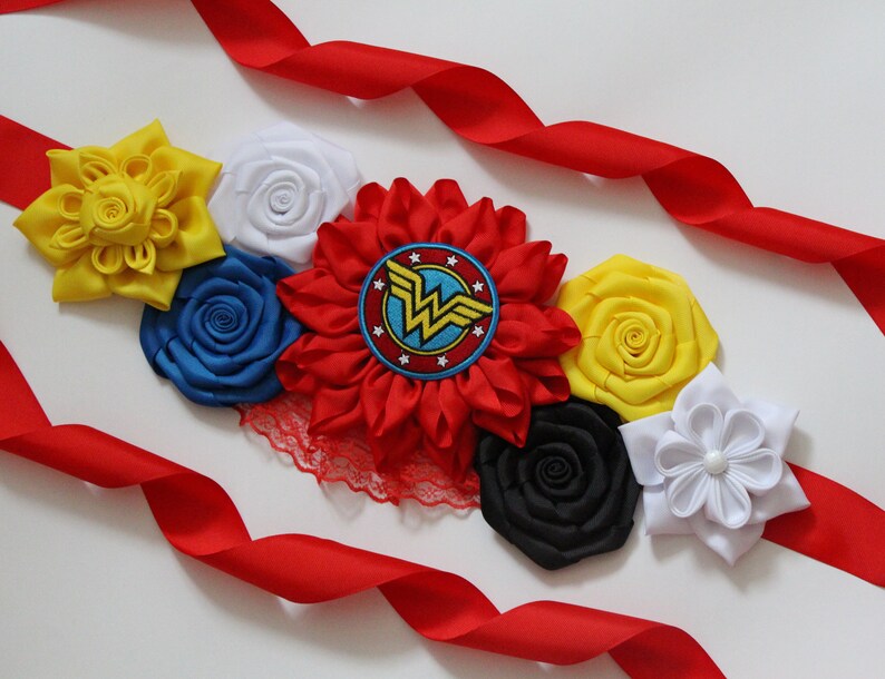 Wonder Woman Baby Shower Sash Superhero Maternity Belt Blue Red Yellow Flower Sash Superhero Belt Baby Shower WonderWoman Flower Belt