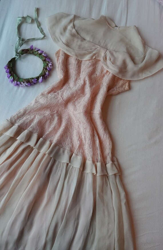 Light Pink 1930s Lace & Chiffon Dress