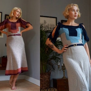 May include: Two women wearing knitted dresses with geometric patterns. The dress on the left is gray with burgundy and pink accents. The dress on the right is gray with blue and white accents.