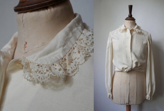 Vintage Lace Collar, Puff Sleeve Blouse
