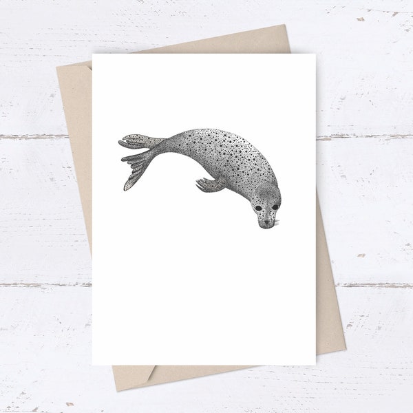 Selkie Seal Card ~ hand drawn grey seal by El Sea Mar Art printed on to an A6 size greetings card