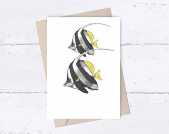 Butterfly Fish Card ~ hand drawn Schooling Bannerfish by El Sea Mar Art printed on to an A6 size greetings card