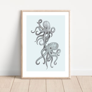 Octopus Love Print ~ vintage style art print, hand drawn octopus, A4 size