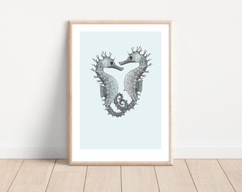 Seahorse Love Print ~ vintage style art print, hand drawn seahorses, A4 size