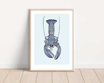 Blue Lobster Print ~ vintage style art print, hand drawn lobster, A4 size