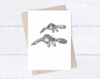 Turtle Love Card ~ hand drawn hawksbill turtles by El Sea Mar Art printed on to an A6 size greetings card