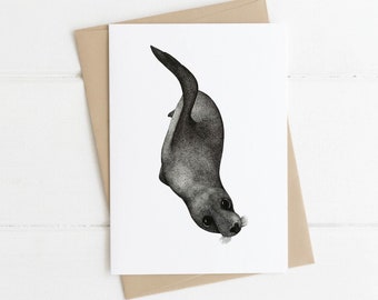 Selkie Seal Card ~ hand drawn grey seal pup by El Sea Mar Art printed on to an A6 size greetings card