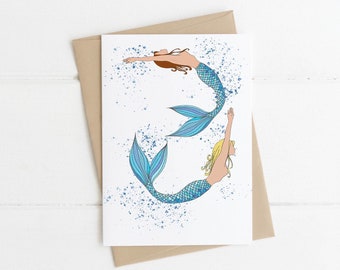 Mermaid Card ~ hand drawn mermaid love print on high quality blank greetings card