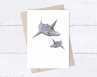 Shark Card ~ hand drawn blue sharks by El Sea Mar Art printed on to an A6 size greetings card