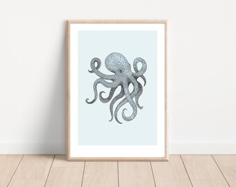 Octopus Print ~ vintage style art print, hand drawn octopus, A4 size