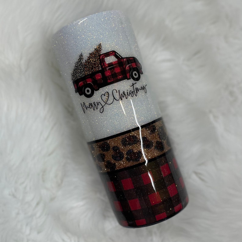 Merry Christmas cheetah and Buffalo plaid glitter tumbler