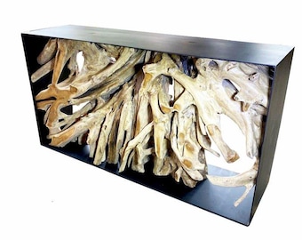 59” Teak Root Console Table – Luxury Organic Wood & Metal Frame | Handmade Sculptural Entryway Table | Modern Rustic Artisan Furniture