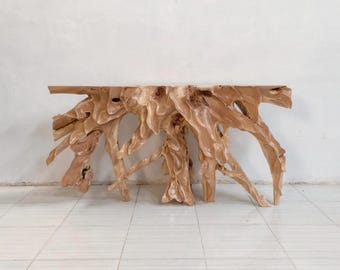 63” Carved Teak Root Console Table – Rustic Luxury Handcrafted Wood | Unique Sculptural Entryway | Organic Modern Artisan Furniture