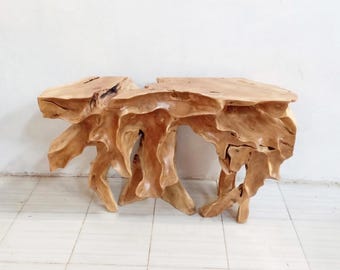 52” Carved Teak Root Console Table – Functional Art Entryway | Handcrafted Solid Wood | Sculptural Organic Modern Rustic Furniture