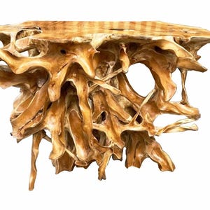 May include: A natural wood console table with a unique, organic design. The table features a light brown color and a complex, root-like structure. The top surface is flat, while the base is an intricate network of wooden elements.