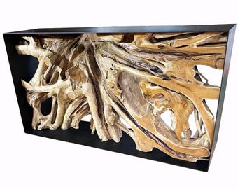 59” Teak Root Console Table – Sculptural Organic Wood with Black Metal Frame | Handmade Entryway Furniture | One-of-a-Kind Statement Piece