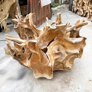 May include: A large, natural wood sculpture with a complex, organic form. The sculpture features a network of intertwined branches and roots, showcasing the natural grain and color variations of the wood. The piece is a light brown color.