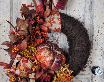 Fall Peony and Pumpkin Wreath for Front Door