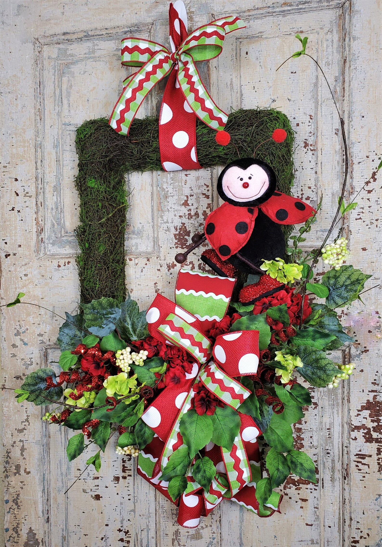 Ladybug Floral Moss Wreath With Bow for Front Door Etsy