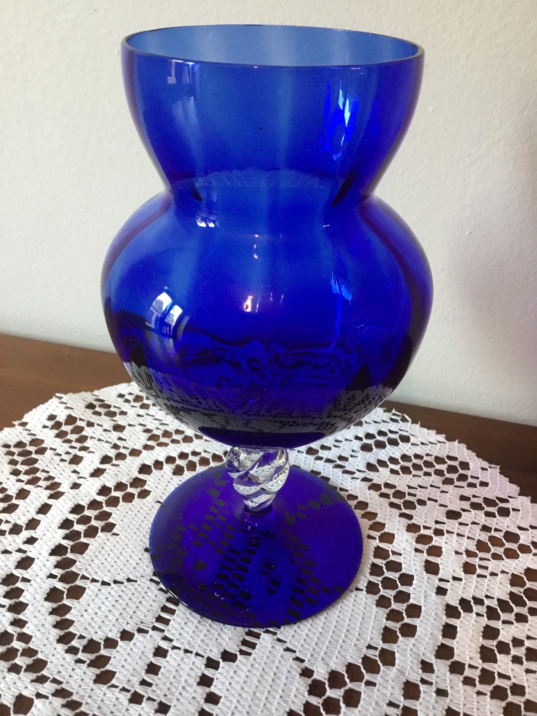 Dark Blue Glass Vase With Clear Glass Stem Etsy UK