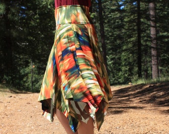 Handkerchief Skirt / Green and Orange Skirt / Dance Skirt / Multi-Colored Skirt / Stretch-Knit Skirt / Women's Skirt / Layered Skirt