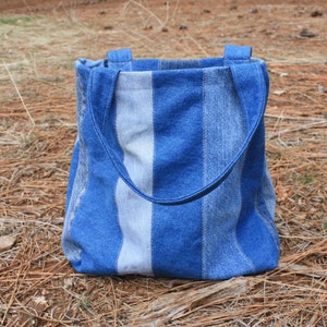Recycled Jeans Bag Patchwork Denim Bag Blue Eco-Friendly Tote Bag Large Upcycled Bag Handmade Sturdy Tote Bag Striped Bag Cotton Beach Bag