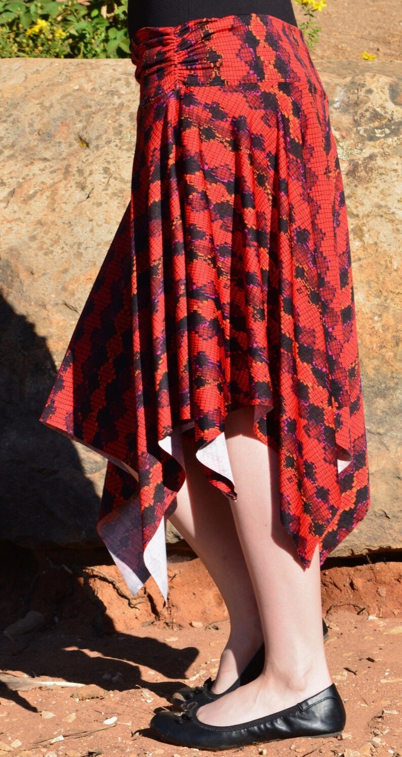 Red and Black Handkerchief Skirt  Women\u2019s Skirt  Stretch-knit Skirt  Diamond Skirt  Geometric Skirt  Patterned Skirt  Long Skirt