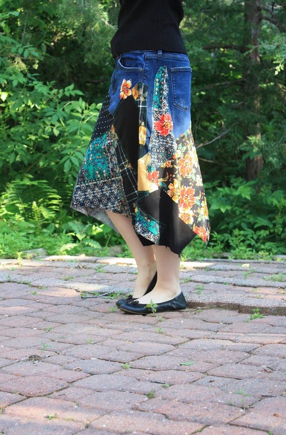 Upcycled Denim Patchwork Skirt - Handmade Floral Jeans Skirt - Etsy