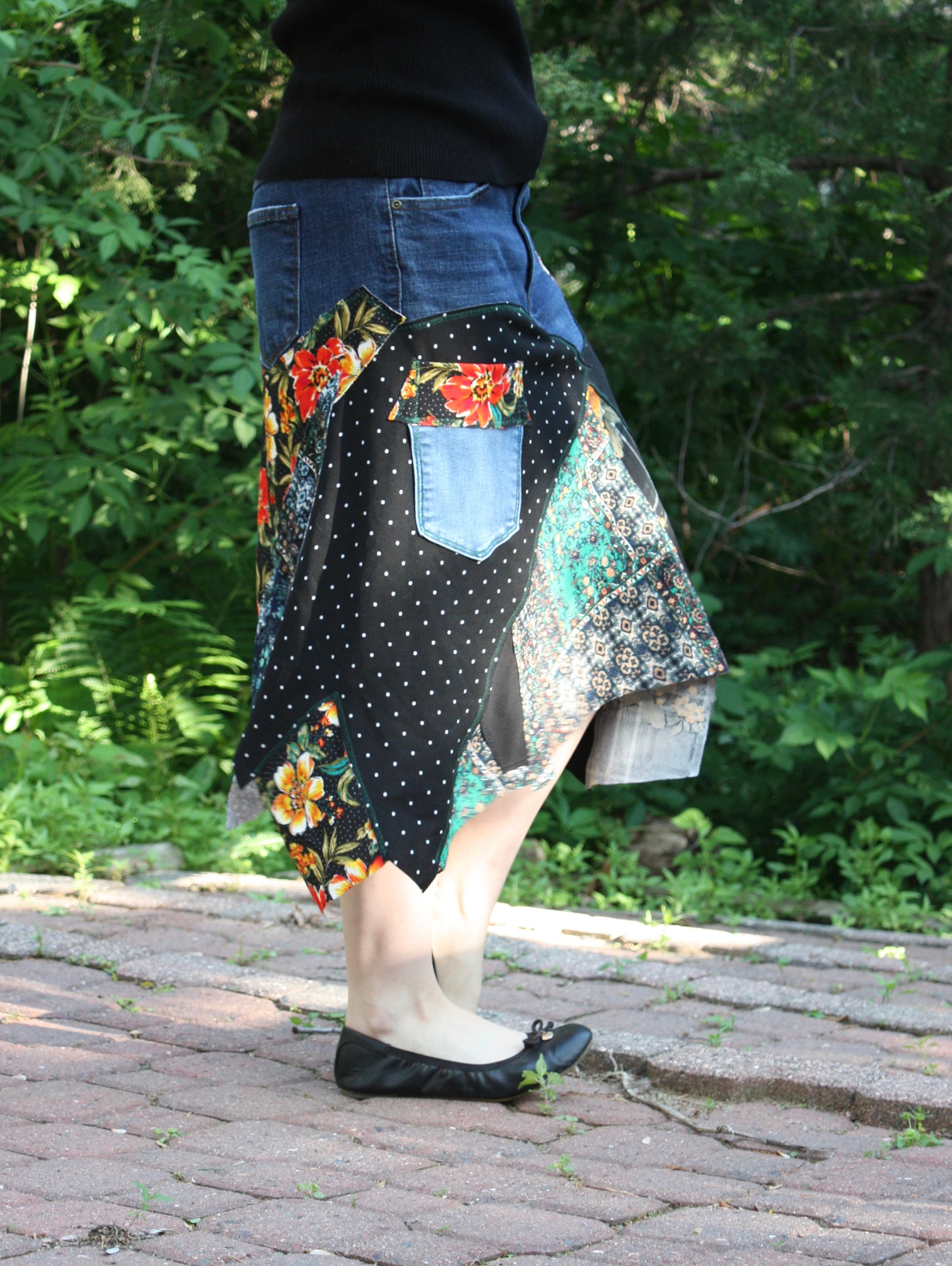 Upcycled Denim Patchwork Skirt - Handmade Floral Jeans Skirt - Etsy