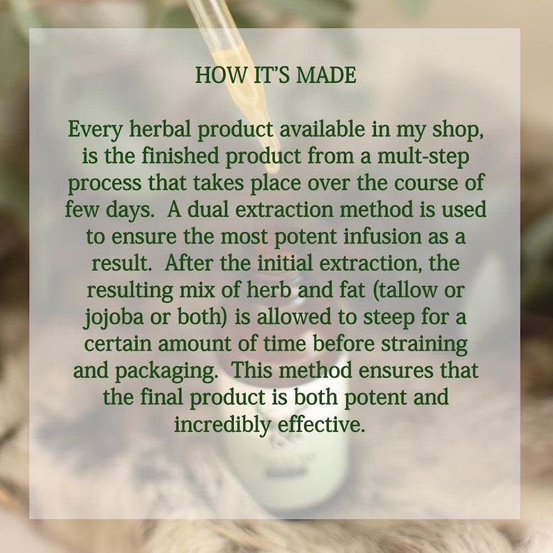以下が含まれることがあります： 「HOW IT'S MADE」のテキストが入った画像。テキストは、ハーブ製品の製造に使用される多段階プロセスについて説明しています。これには、二重抽出、浸漬、およびパッケージングが含まれます。このプロセスにより、強力で効果的な最終製品が保証されます。